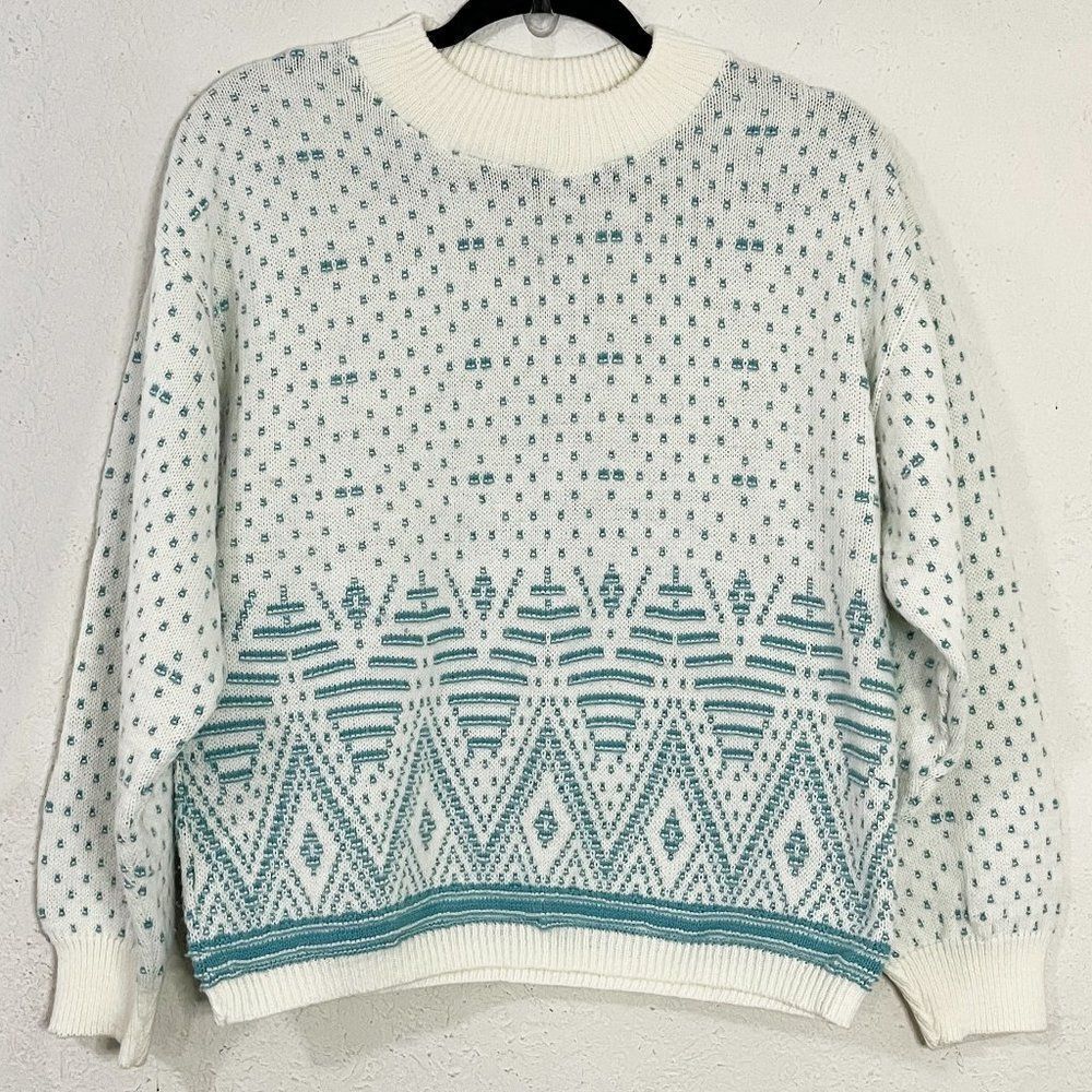 Vintage 80s 90s‎ Apostrophe White & Turquoise Blue Sweater